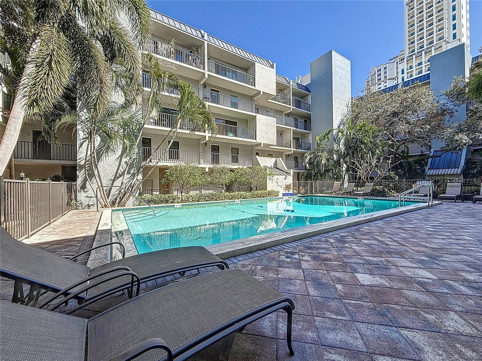 A landscaped courtyard with a 40x20 heated pool is a downtown oasis.