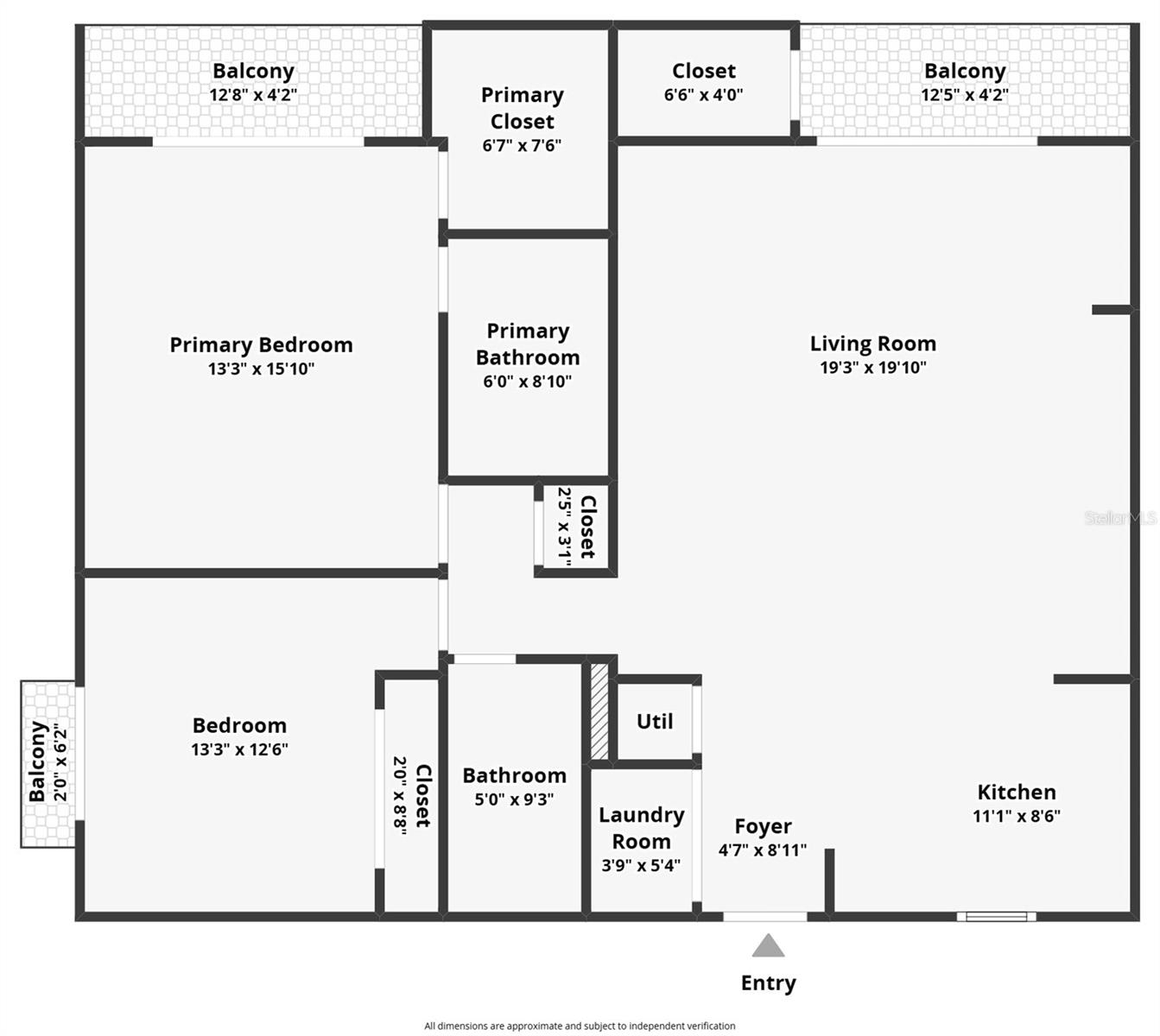 Floor plan showing size of all rooms and closets including the three balconies.