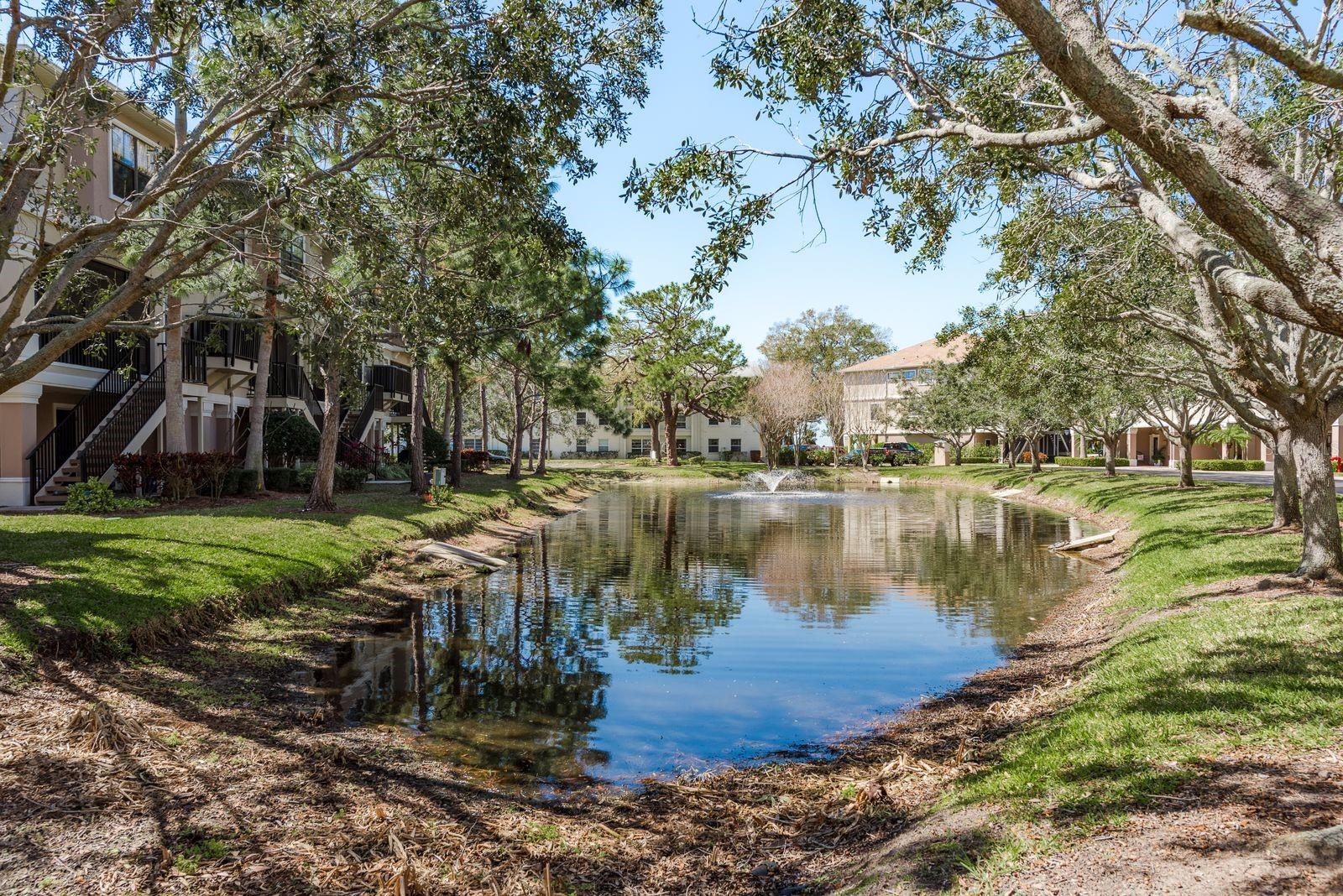 Pond and Fountain Park viewable  and next to Patios