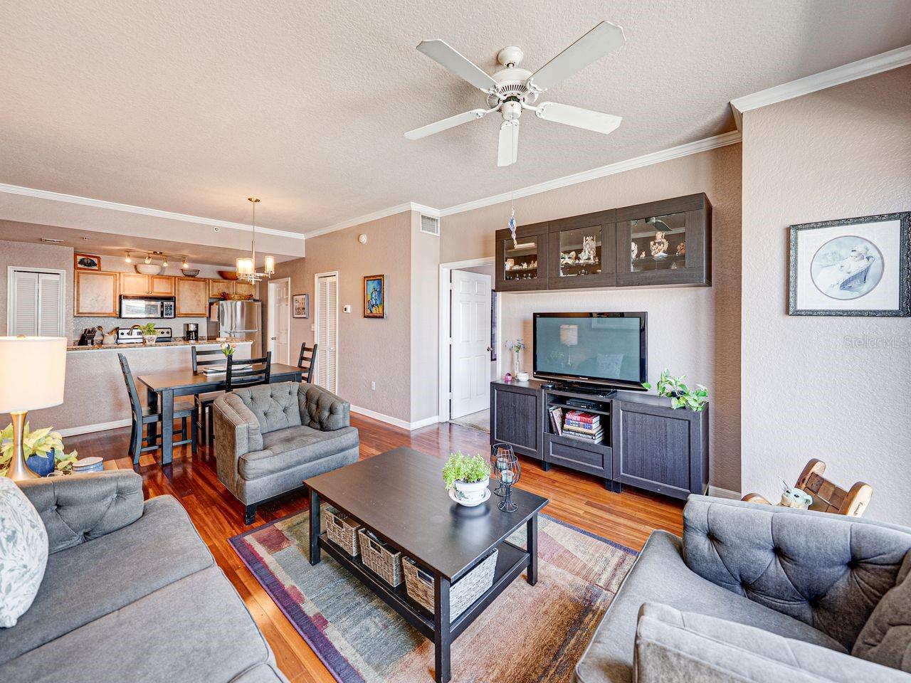 Large open concept living room and kitchen area.