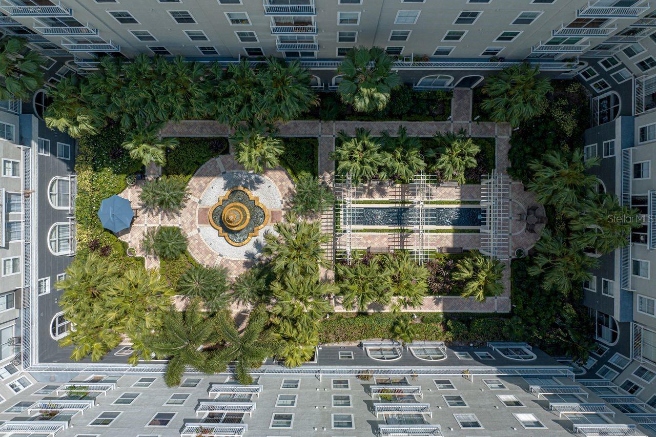 Airal view of the courtyard lots of space to relax and enjoy the tranquil fountain.