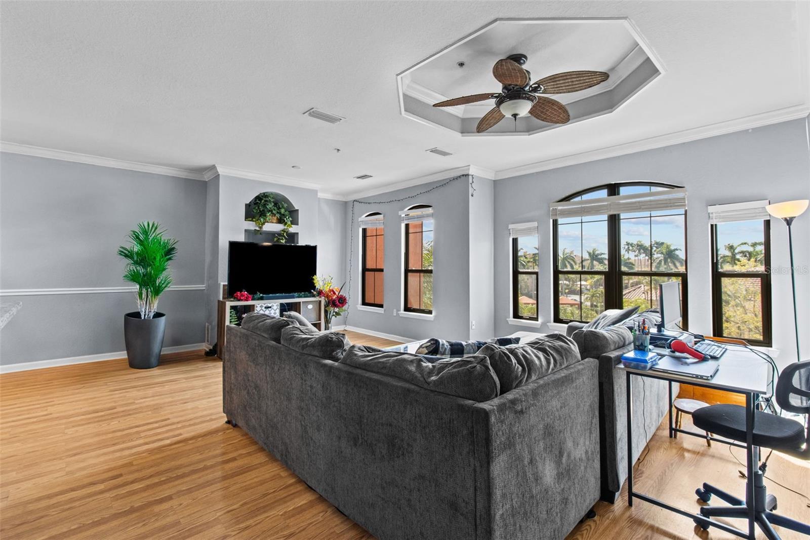 living room with pool views