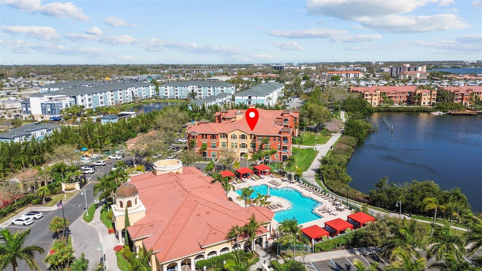 aerial view of building 5 and pool