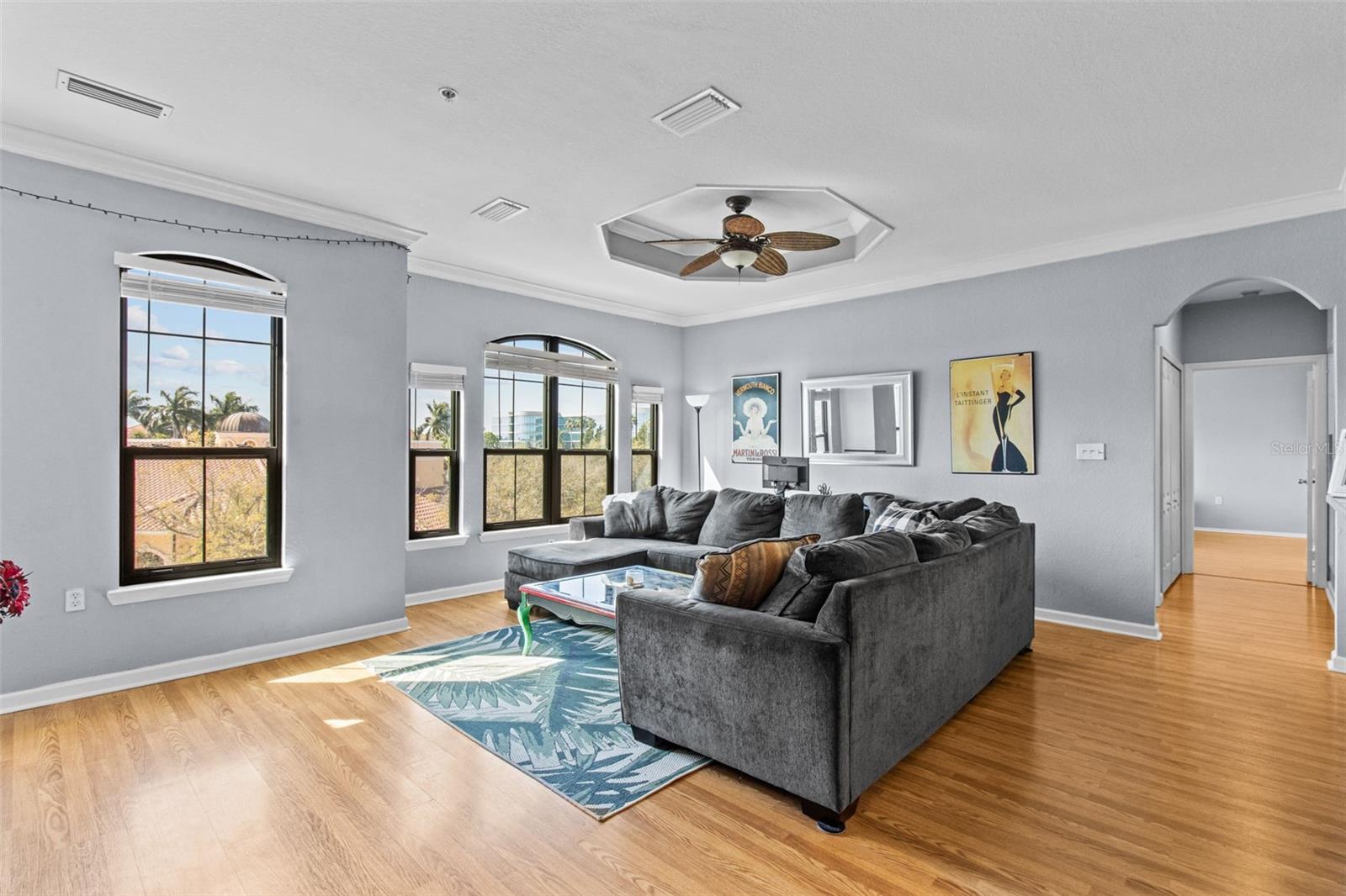 living room with pool views