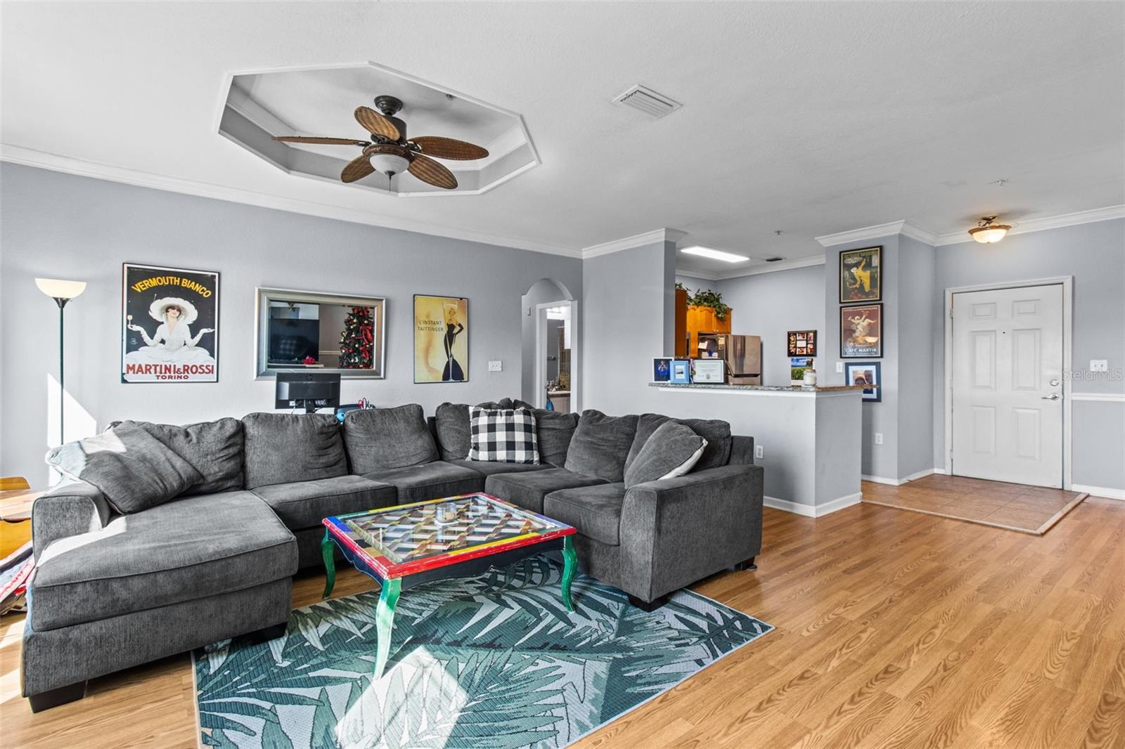 open living room with 10 ft ceilings