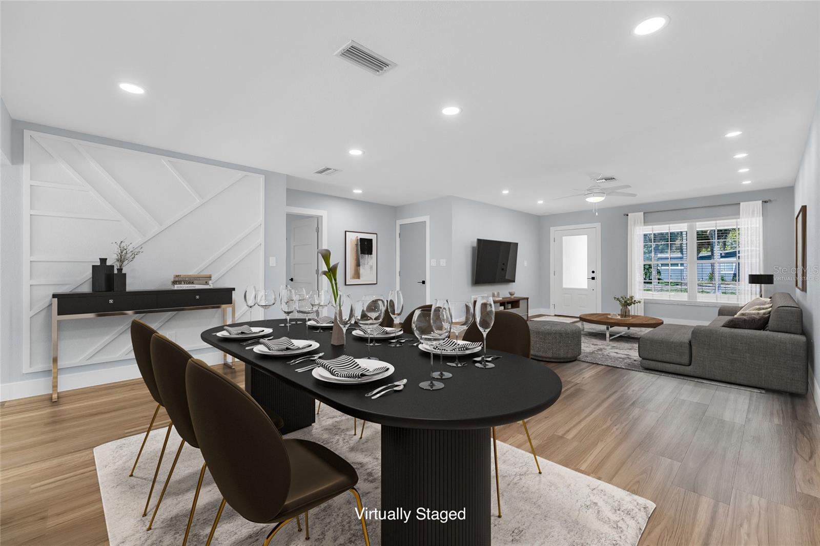 "Virtually Staged" View of Living Room from Dining Area with Custom Feature Wall