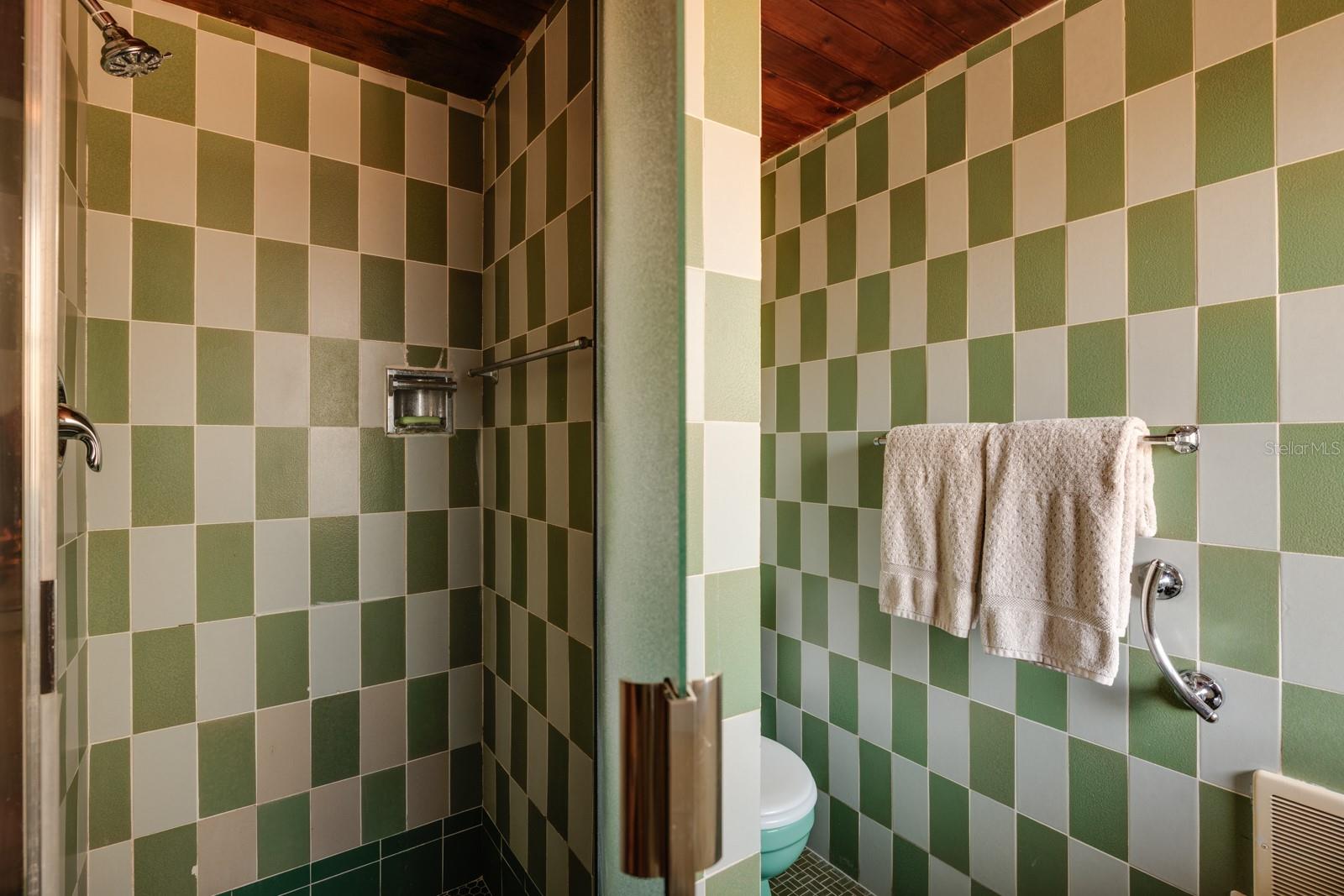 Concrete block and ceramic tile checkerboard design