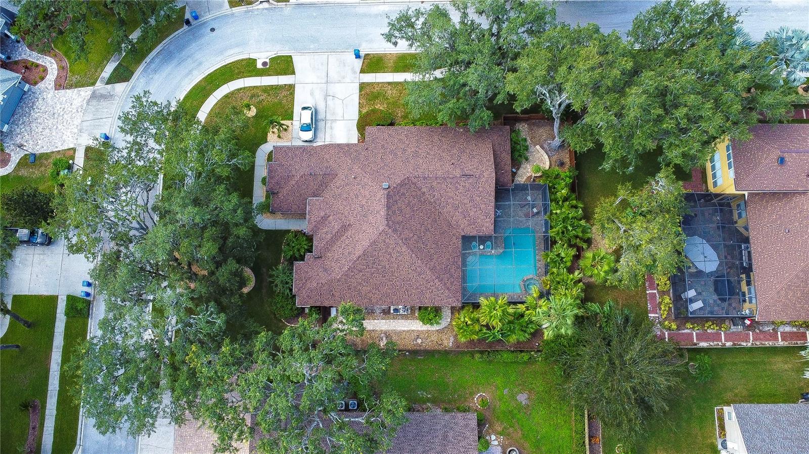 Enjoy the spacious backyard with a screened pool, surrounded by mature trees offering privacy and tranquility in a friendly neighborhood setting.