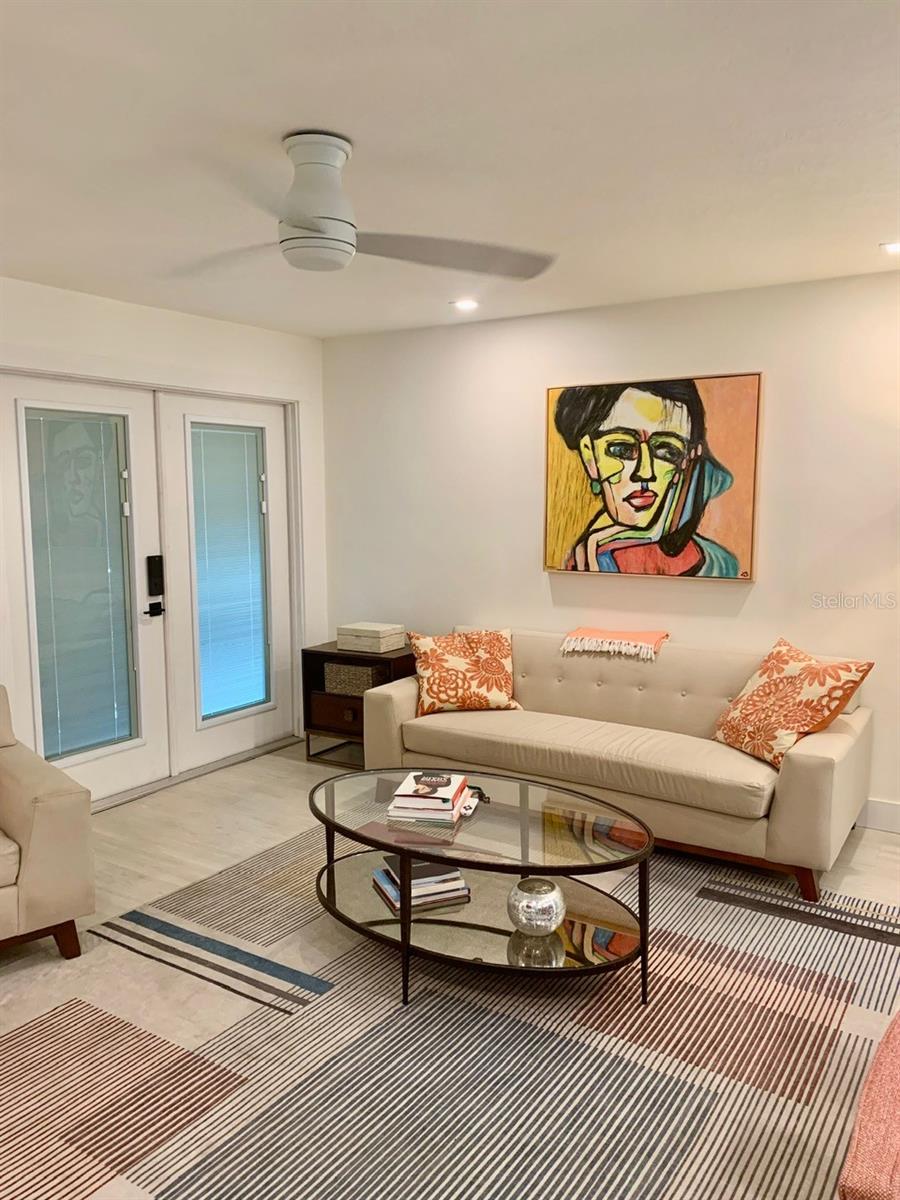 Living Room, front double doors with inside mini blinds