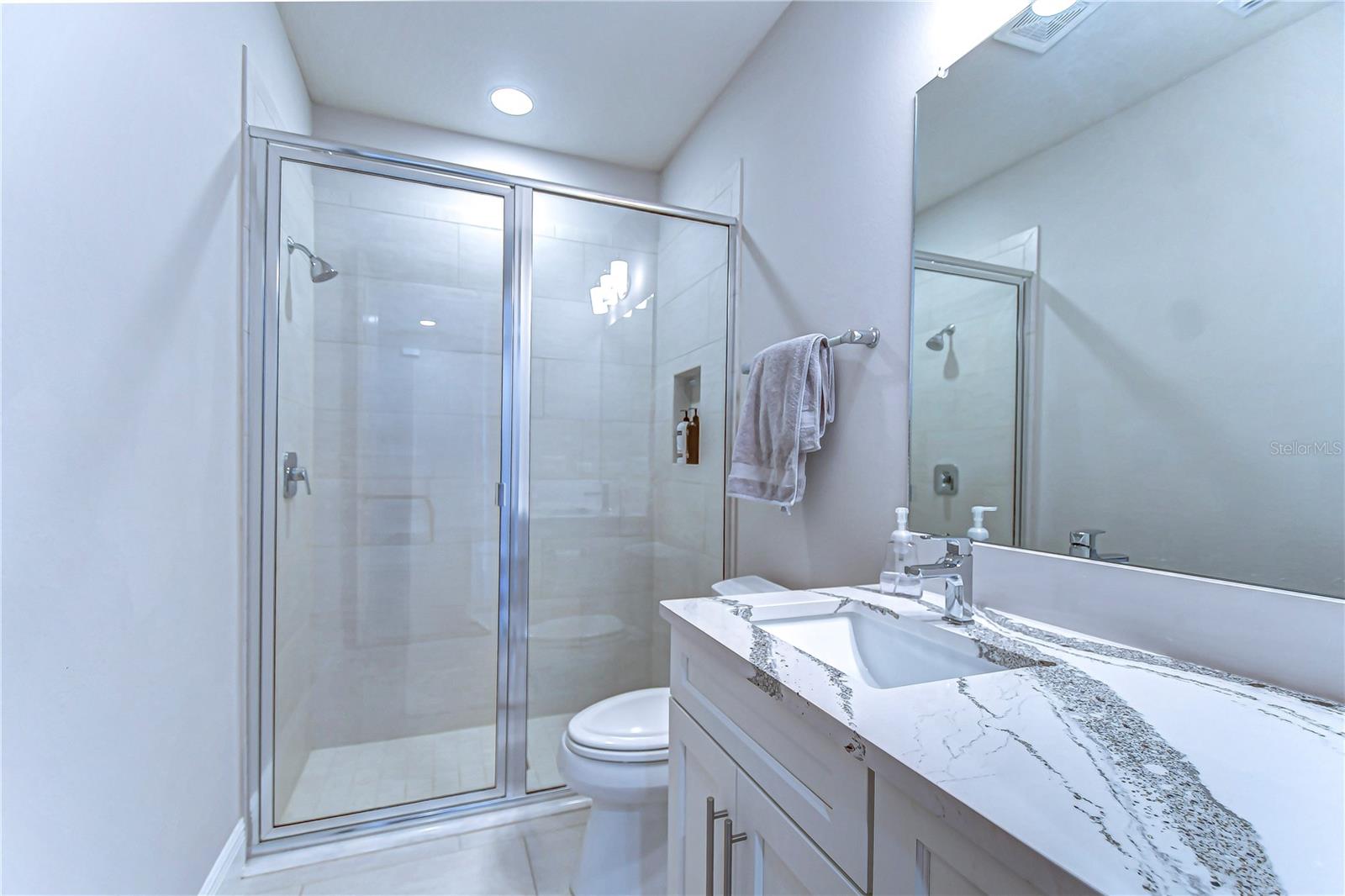 Step into elegance with this exquisite bathroom, showcasing a sleek glass-enclosed shower and a chic vanity.