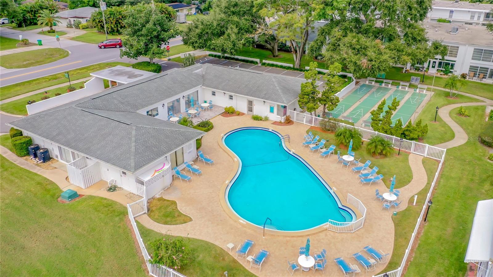 Clubhouse, pool, shuffleboard courts.