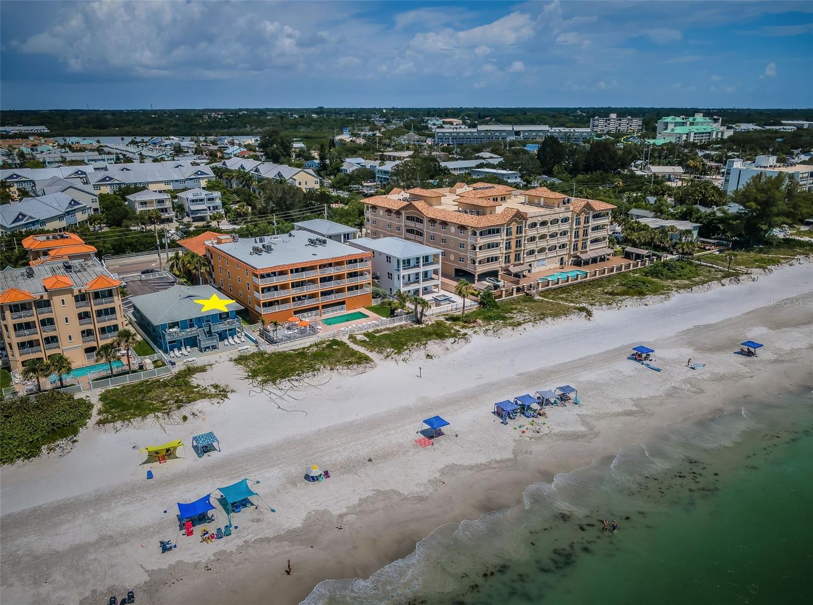 ... Beach Shot With Yellow Star Over the  Le Mar Condo.. Beaches are Never Real Crowded Here on South End of IRB.. There are over 25 Restaurants within 1/2 mile in Either direction..