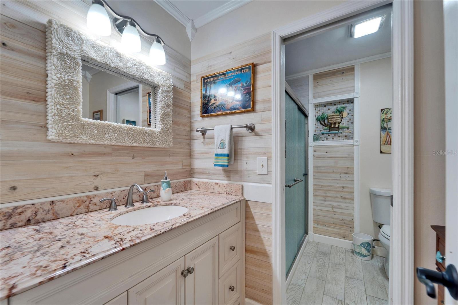 Remodeled second bathroom has tall vanity with granite countertop