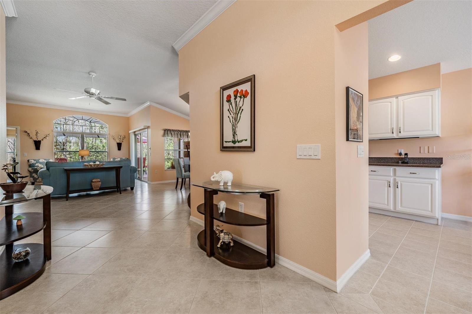 Backyard view from the foyer and living area makes a great first impression