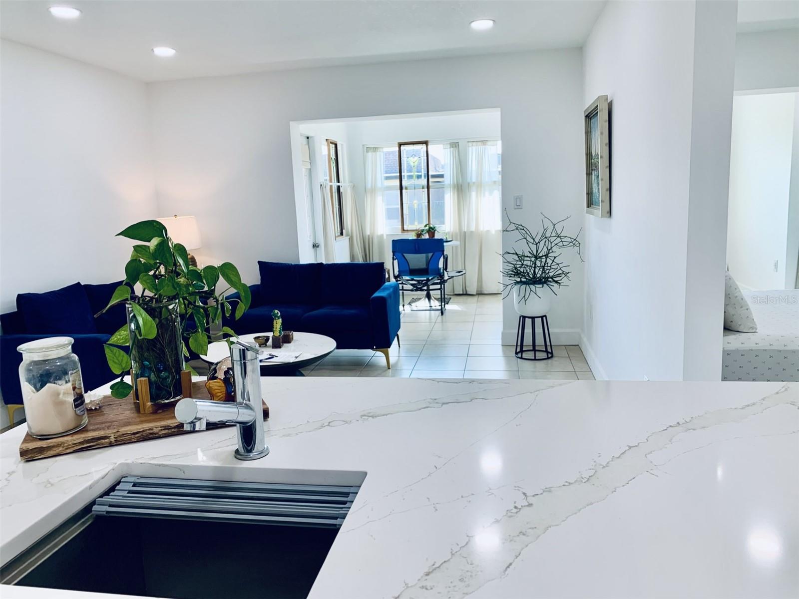 Kitchen overlooks living room