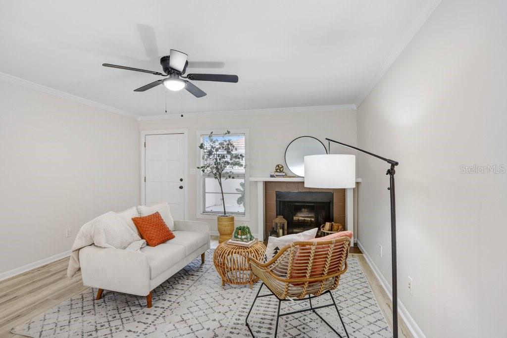 Living Room with wood burning fireplace