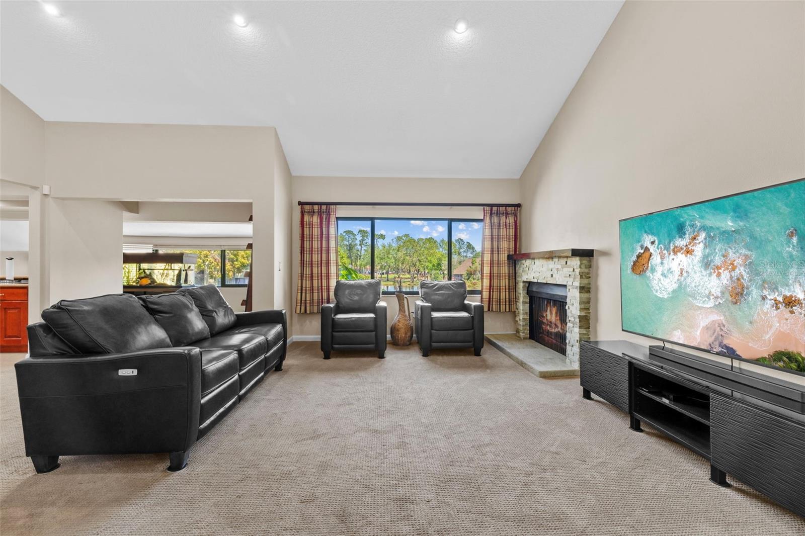 Living room view (fireplace flame is virtually staged)
