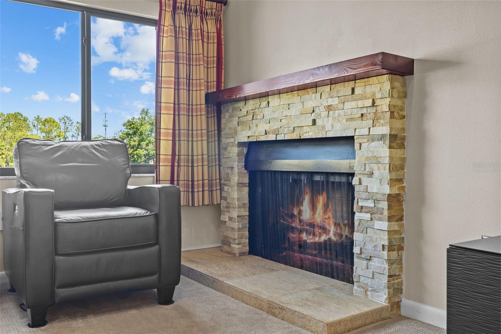 Wood burning fireplace (fireplace flame is virtually staged)