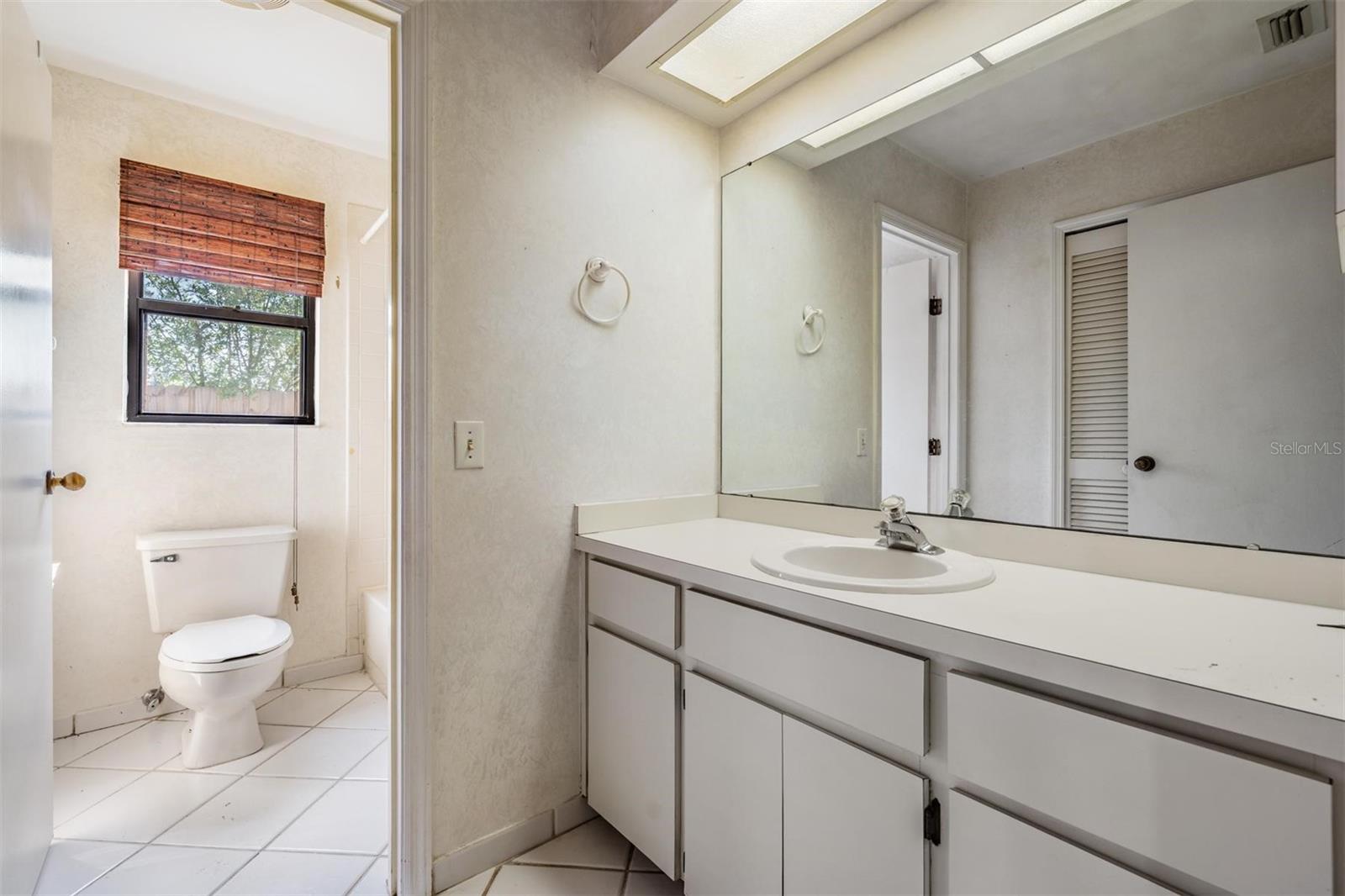 Second bathroom with door dividing the vanity from tub and toilet.