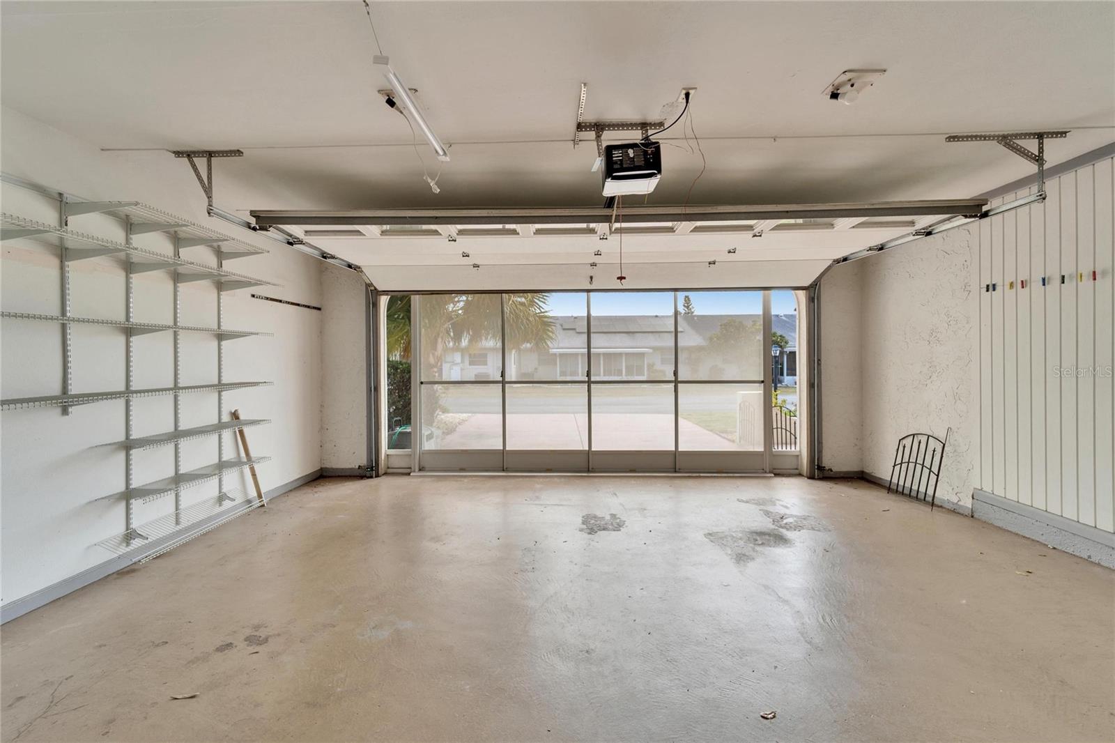 Looking out through 2-car garage