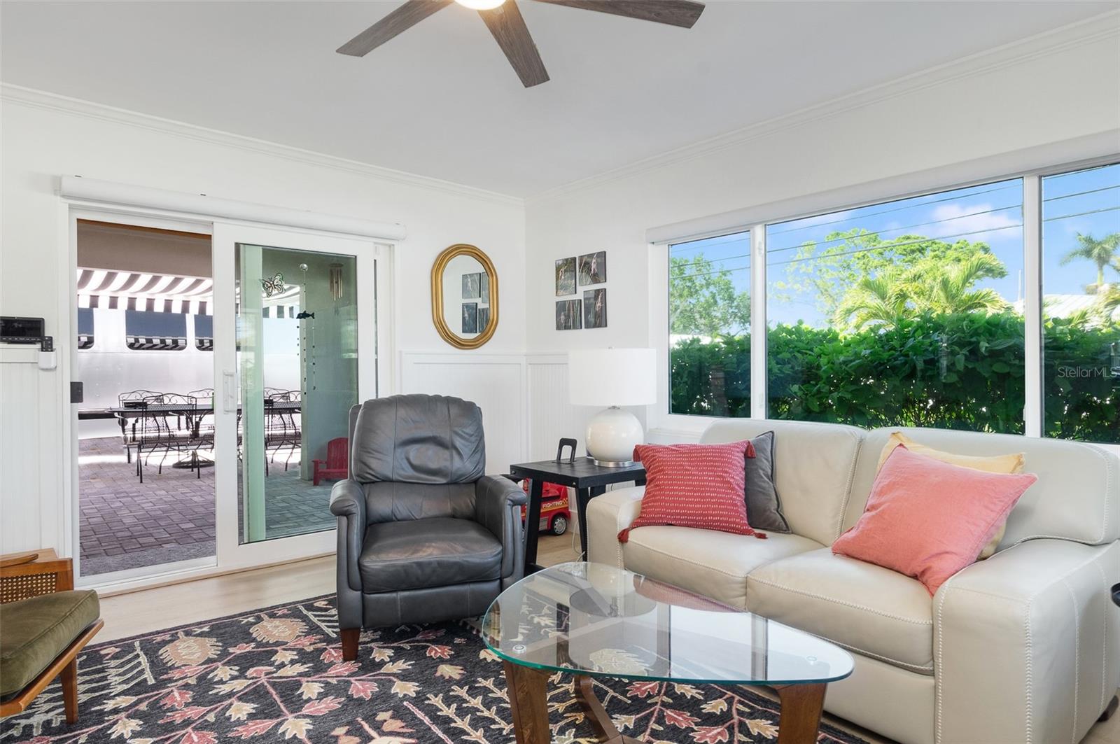 Sliding glass doors to covered patio