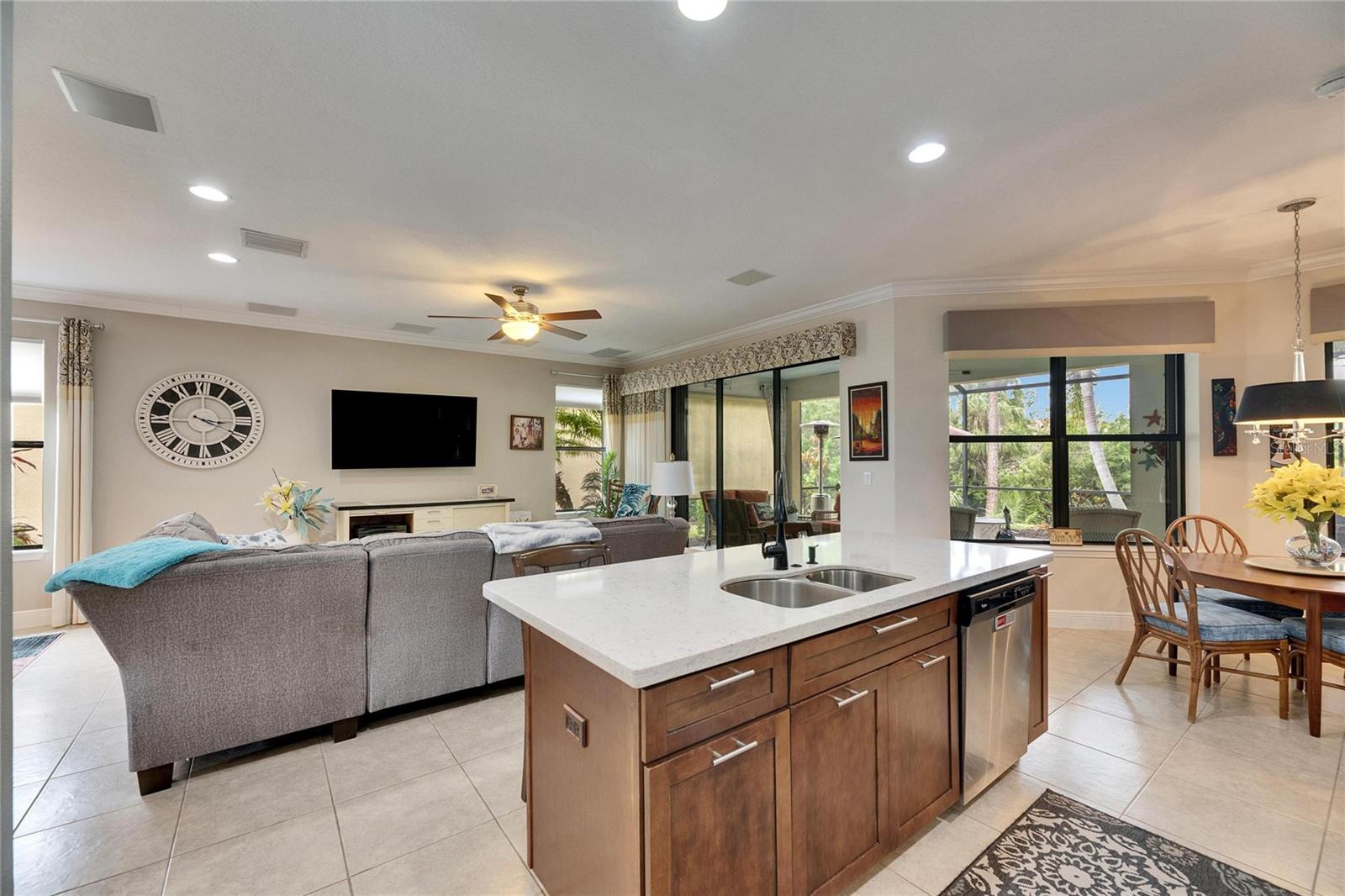 View of the living room and the island from inside the living room.