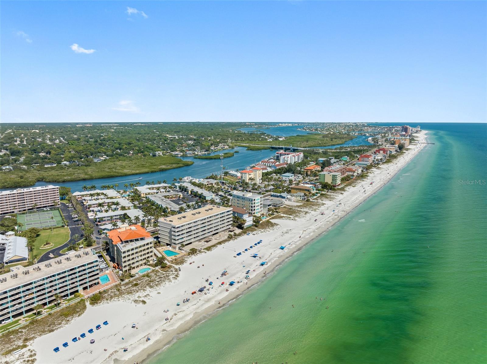 ..Indian Shores Runs about 4 Miles Along the Coast. Aerial Looking South Across the Street from the Bay Shore Yacht & Tennis Club. Tennis Courts at BSY&Tennis Club in Photo on Left..