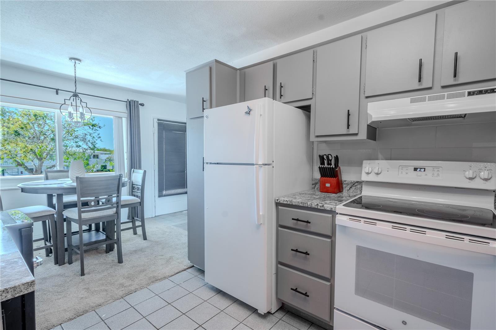 The kitchen has plenty of cabinet space as well as a closet pantry.