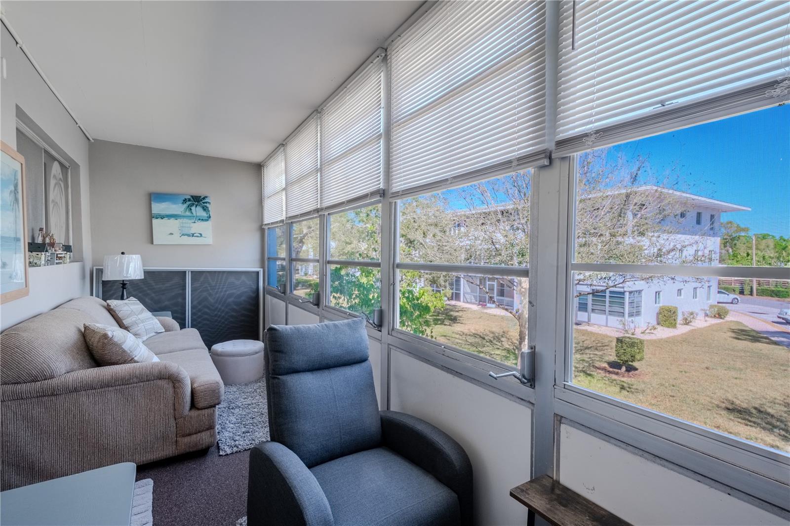 The lanai has a view of the tree tops, has carpet and a couch for additional seating.