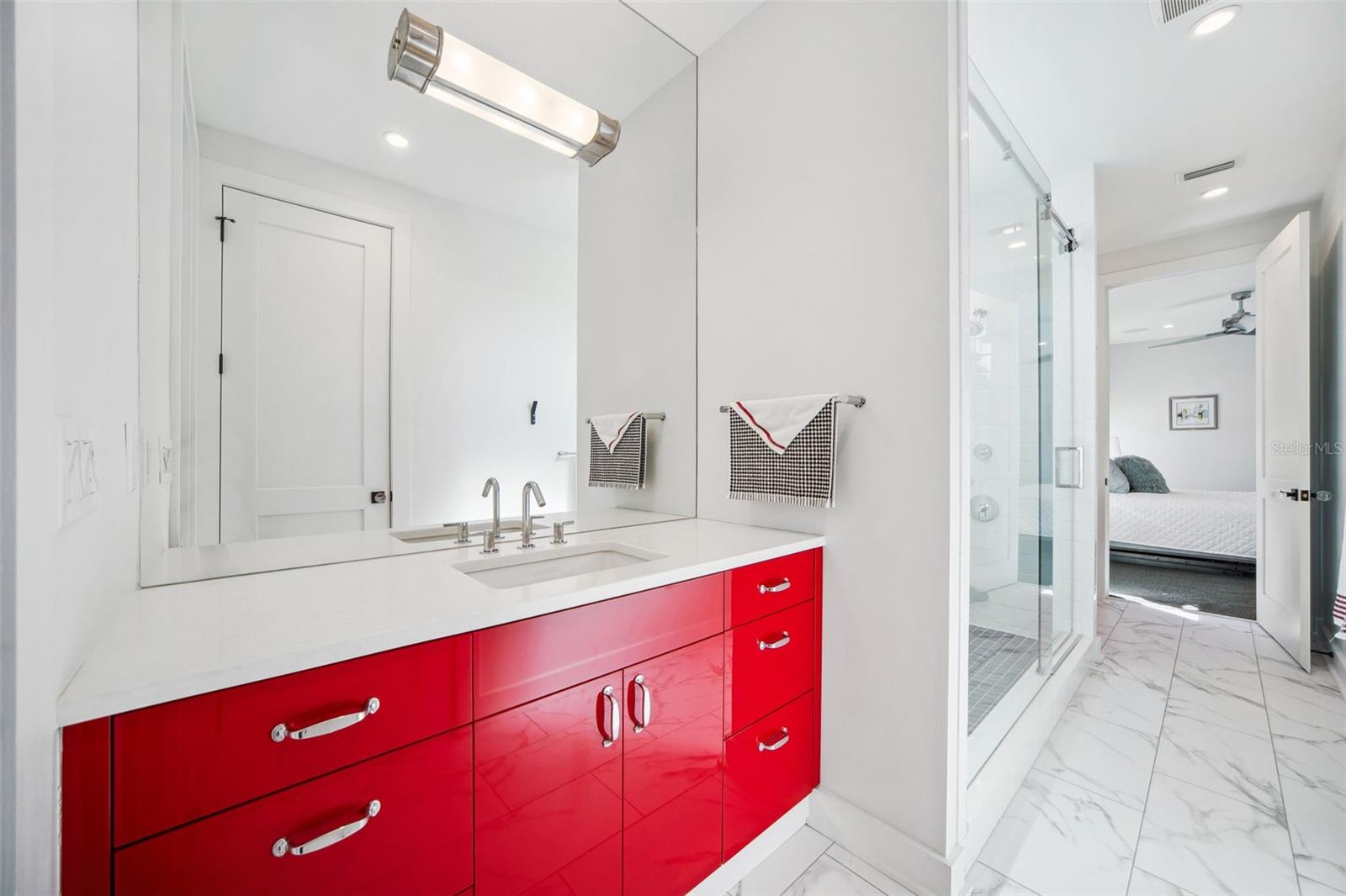 Jack and Jill guest bathroom joins the two second floor guest bedrooms.