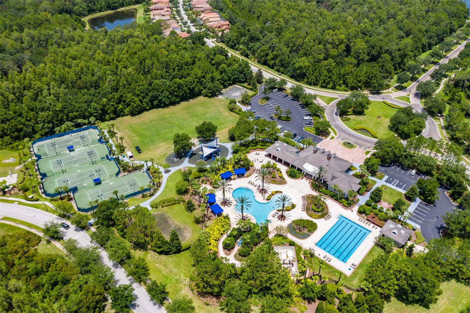 2 pools, tennis, pickleball, basketball, playgrounds, fitness center