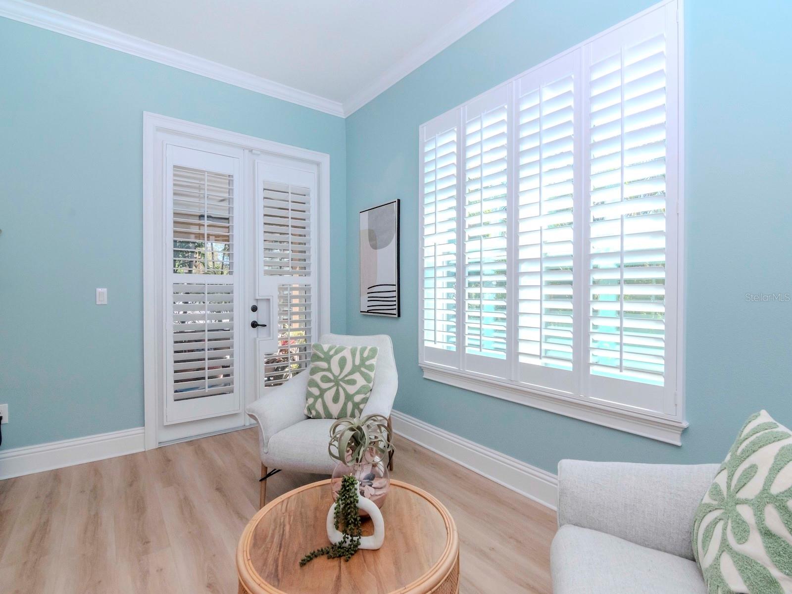 Private entrance to the screened porch, shutters