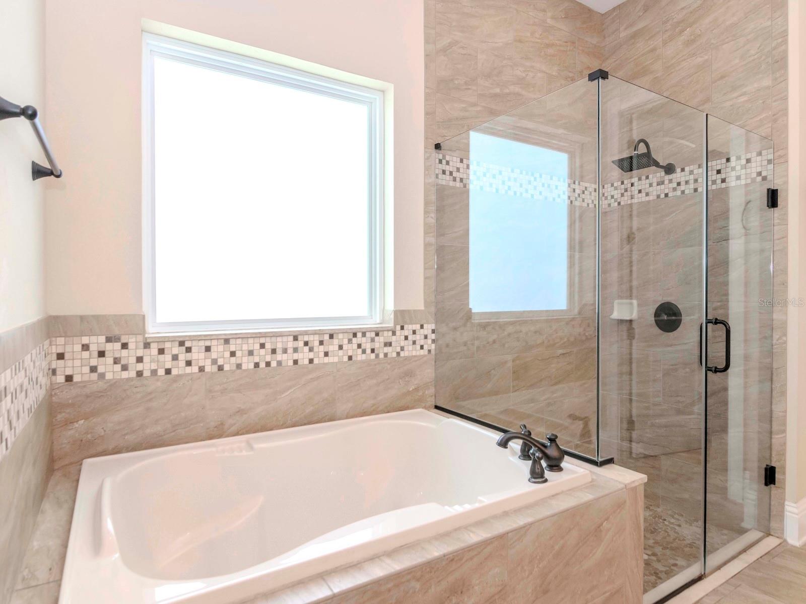 Large soaking tub and separate glass shower