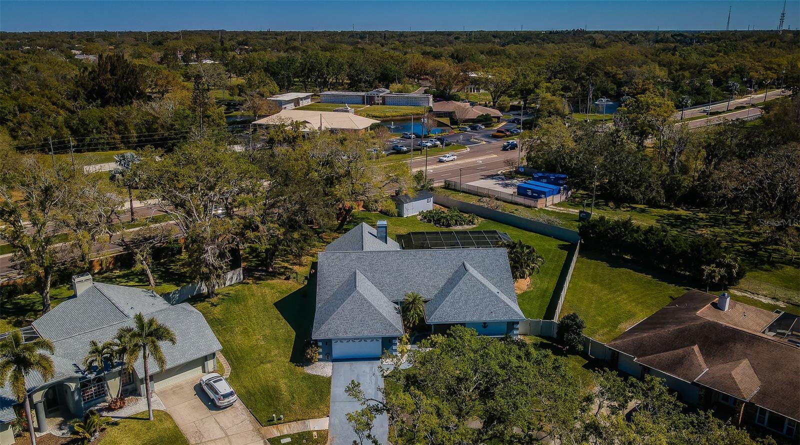 An overhead drone picture showing the magnificent size of this home.  New roof in installed in 2023.