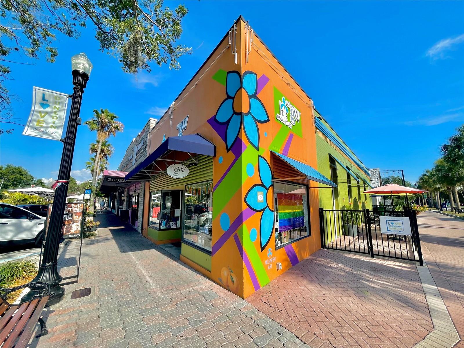 Colorful artwork at corner building on Pinellas Trail looking South.