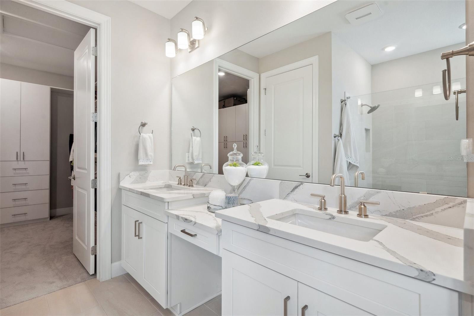 Primary Bathroom Dual Vanities & Quartz Counterops