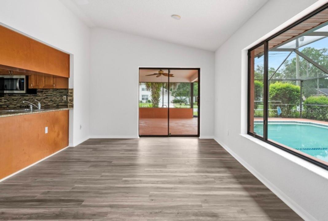The family room overlooks the pool