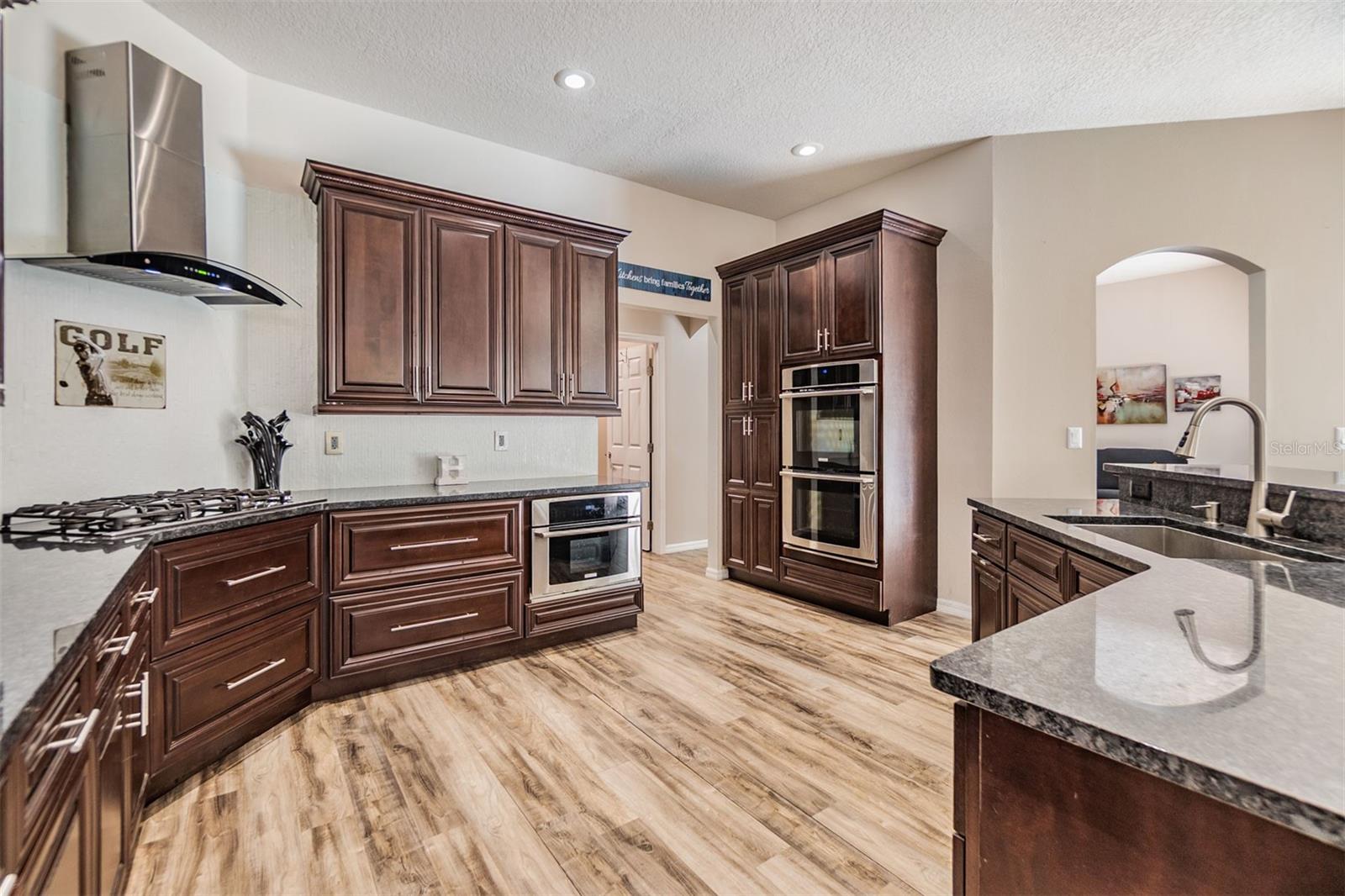 New Backsplash, Gas Range and Hood, Double Oven, Microwave and dishwasher, Granite counter tops.