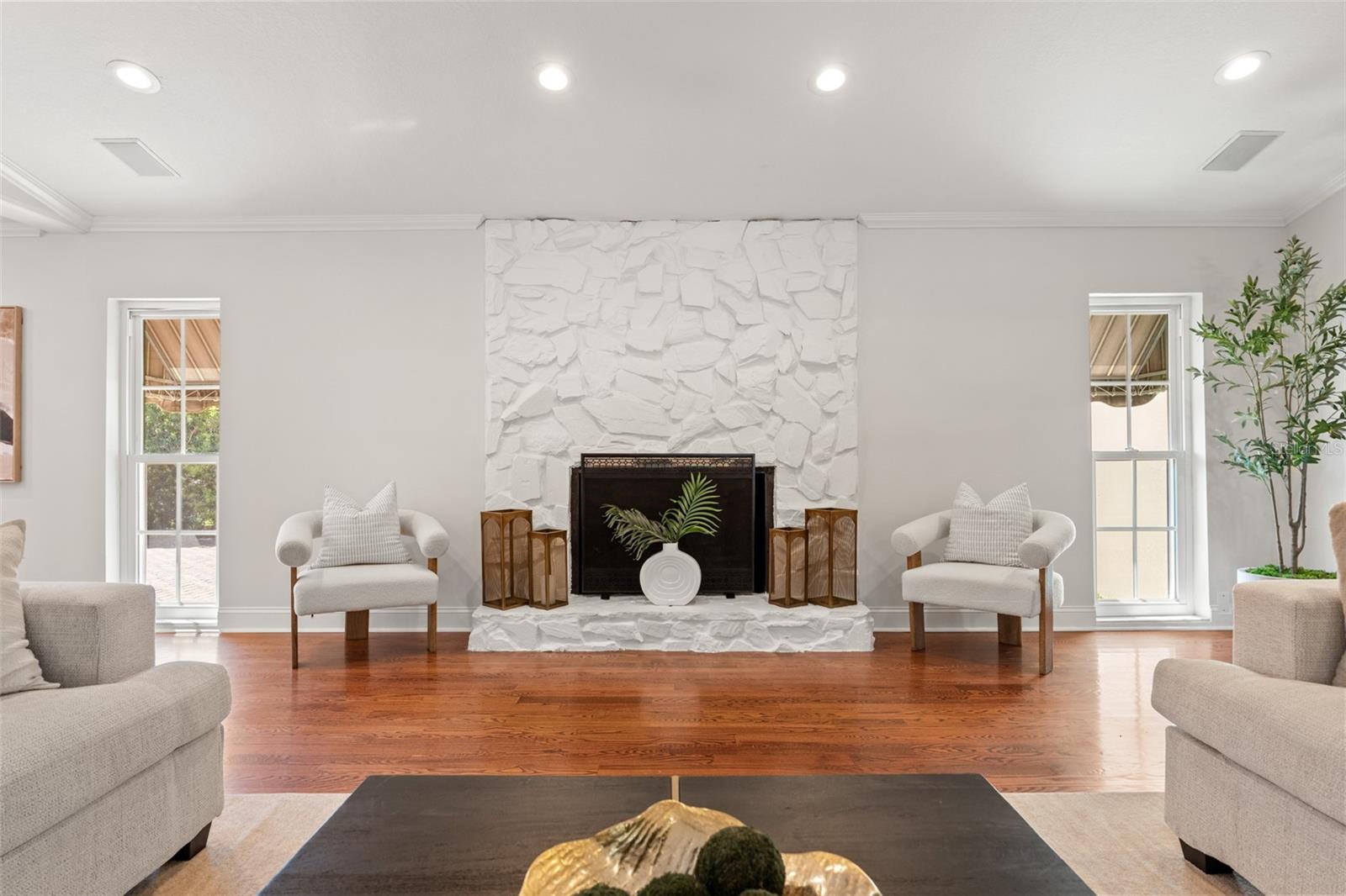 Whitewashed Stone Hearth and Grand Fireplace