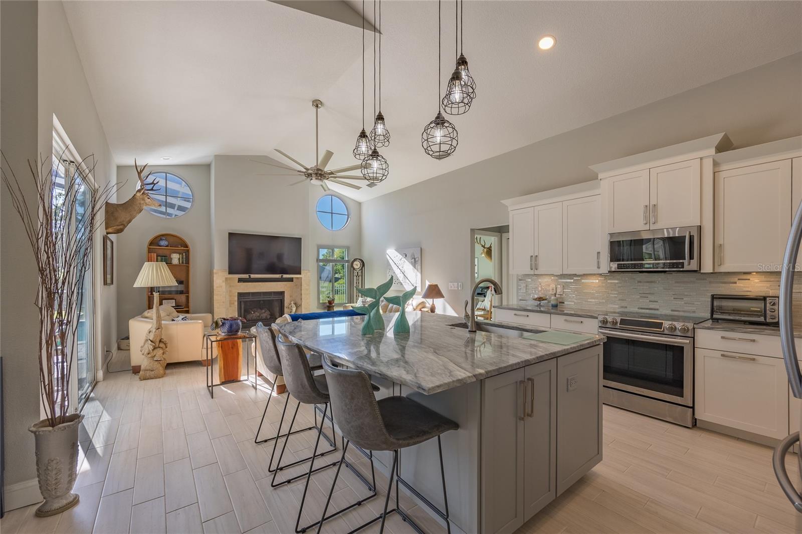 EVEN HIGHER CEILINGS IN THE KITCHEN AREA! THIS AREA HAS CEILING SPOT LIGHTS! THE UNDER COUNTER LIGHTS ACCENT THE DESIGNER BACKSPLASH!