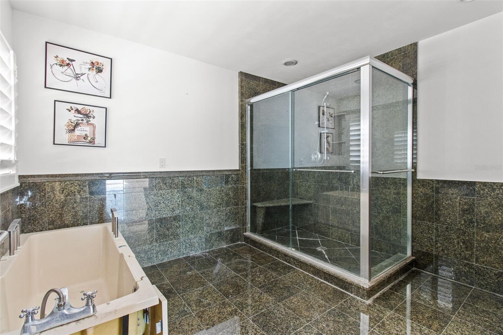 Primary bathroom that has a separate walk-in shower and tub