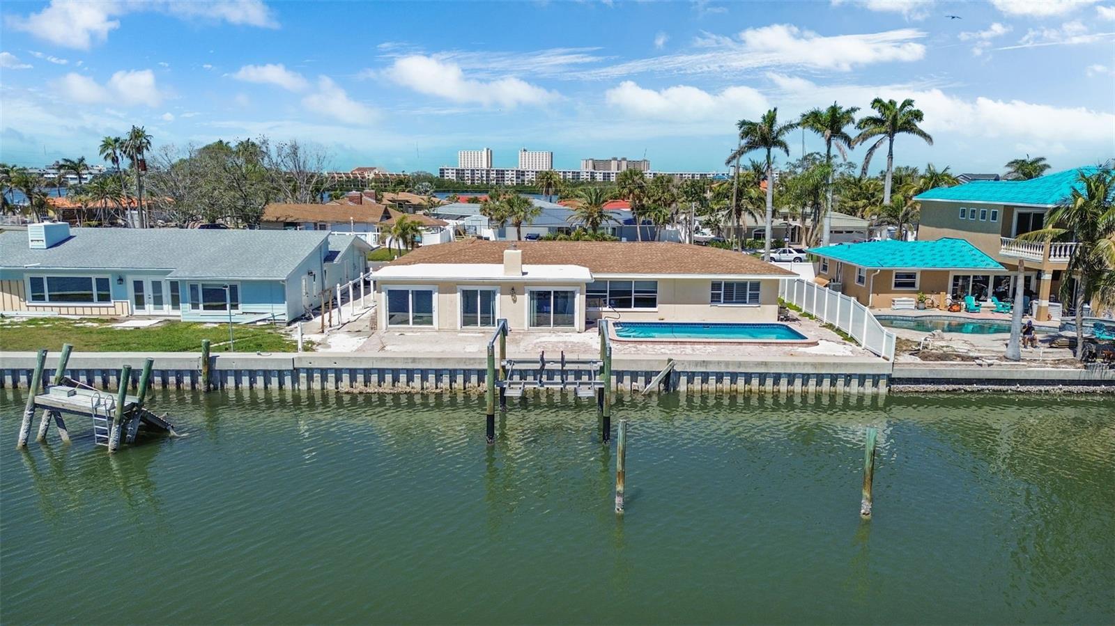 This aerial view shows the newer seawall done in 2017 and the sparkling pool that was resurfaced several years ago.