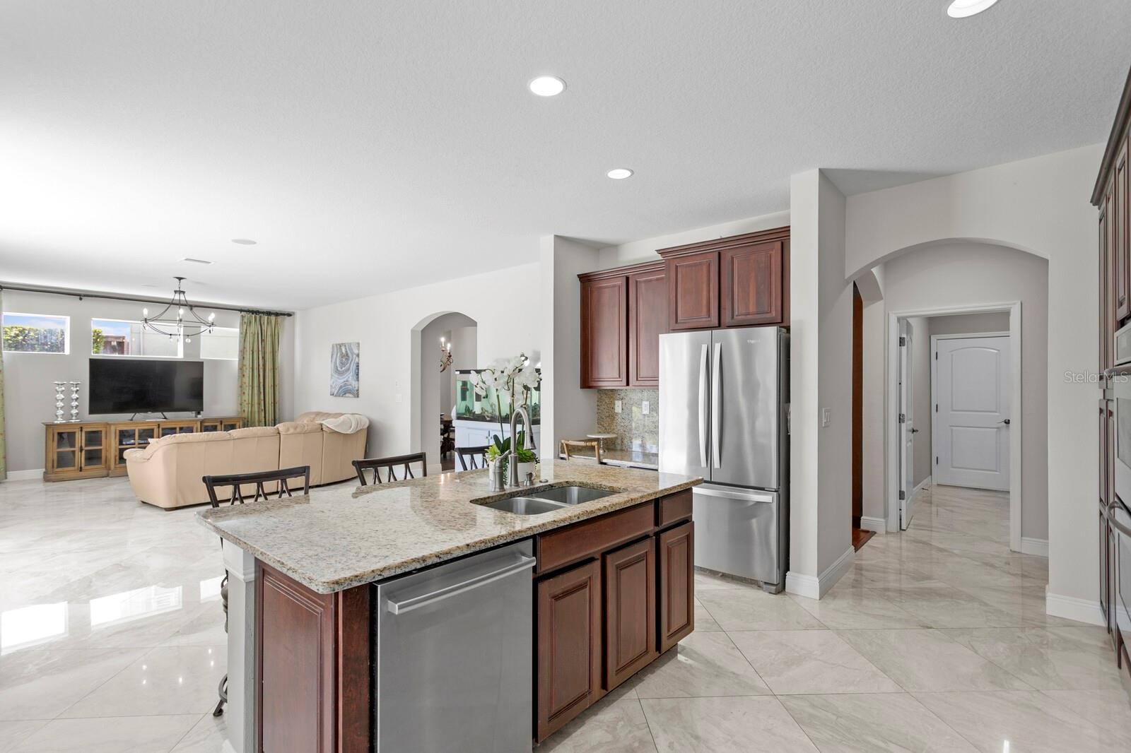 Views from the kitchen island towards the family room