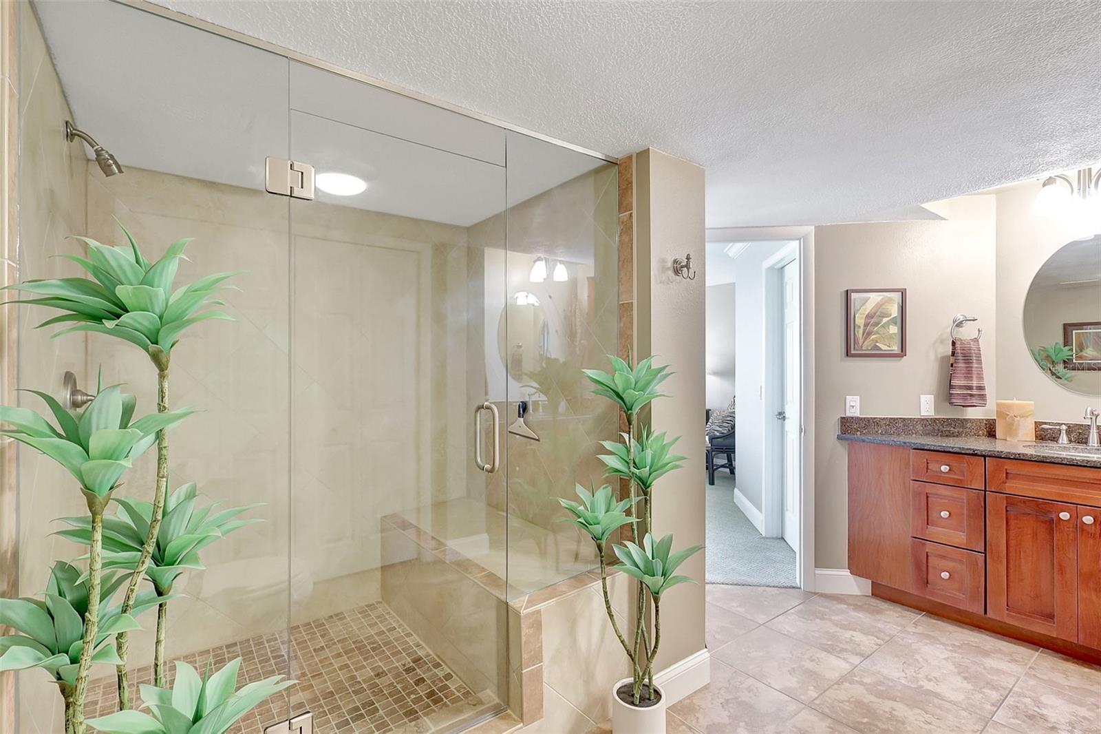 Primary En-Suite Tiles shower with bench and Glass Enclosure