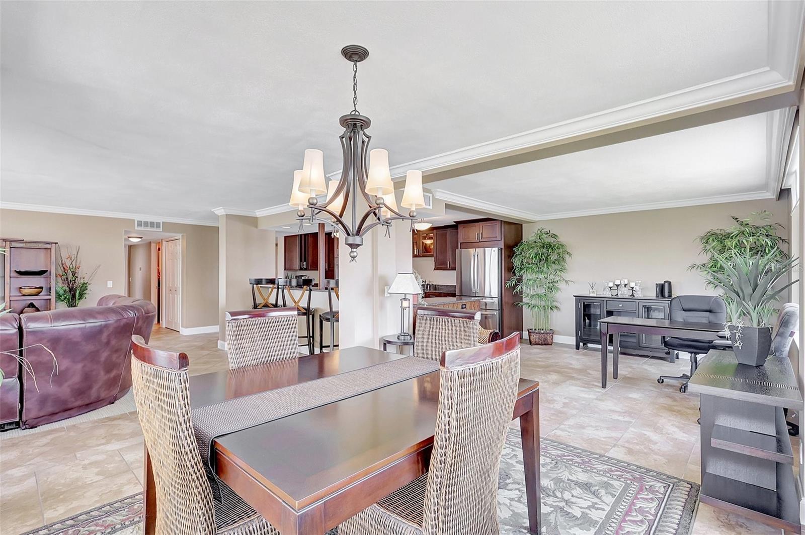 The dining area is large and the area has plenty of space for entertaining or an office space