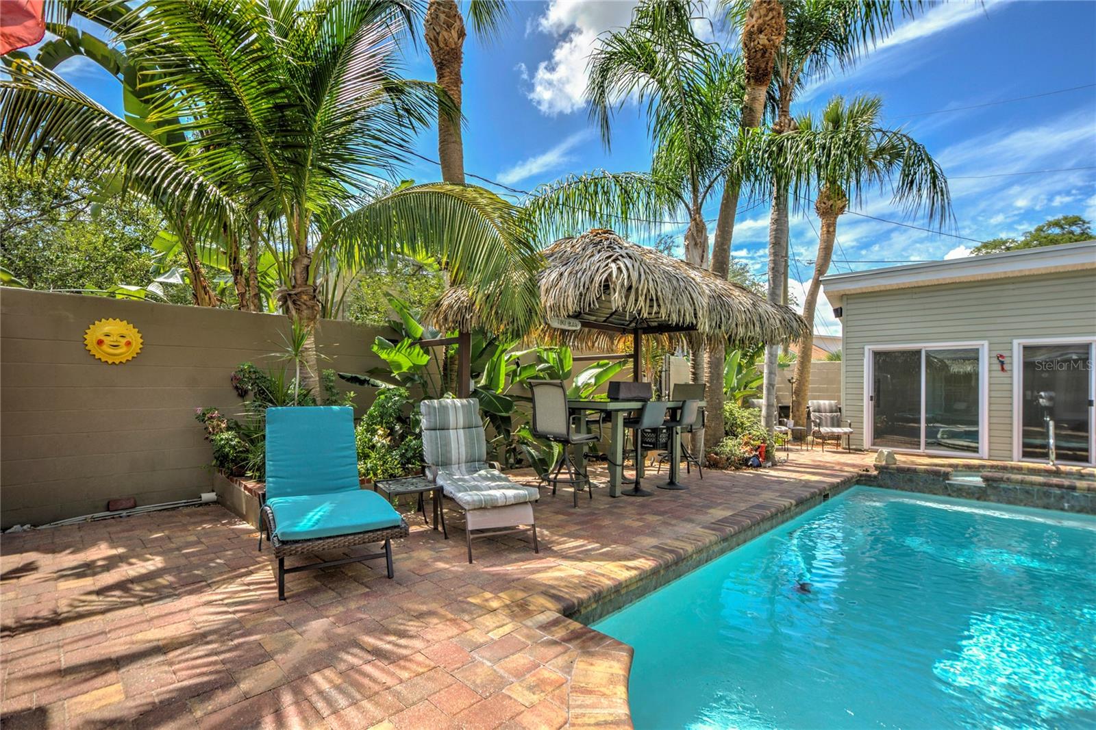 back yard viewed from barbecue area recreation cave behind jacuzzi