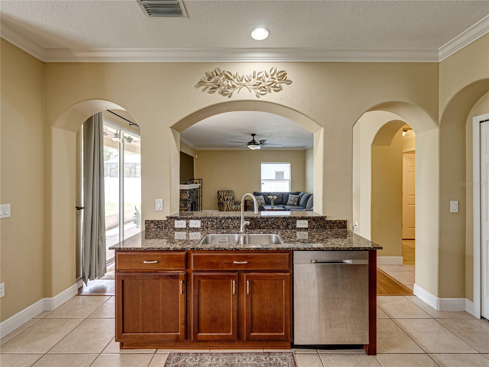 Kitchen sink overlooking Family Room/ Dishwasher