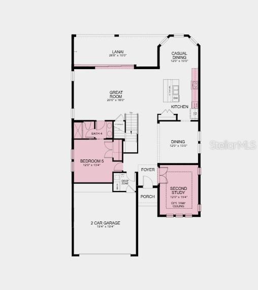 First Floor Plan - Structural options added include: gourmet kitchen, bedroom and full bathroom on main level, shower at main level bath, pocket sliding glass door at gathering room, study in place of flex, and 8' interior doors
