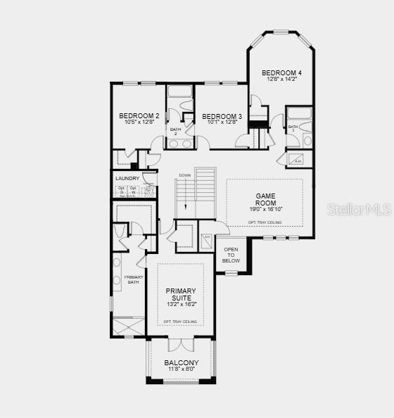 Second Floor Plan - Structural options added include: gourmet kitchen, bedroom and full bathroom on main level, shower at main level bath, pocket sliding glass door at gathering room, study in place of flex, and 8' interior doors