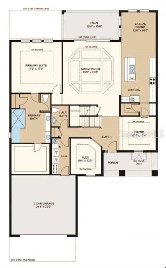 Structural options added include: Gourmet kitchen, pocket sliding glass door at gathering room and primary suite, study in place of flex, tray ceiling at dining room, foyer, study, primary suite and game room, and covered extended lanai.